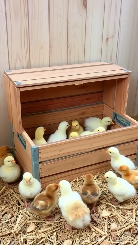 A wooden crate brooder with chicks inside and some outside, set in a cozy environment.