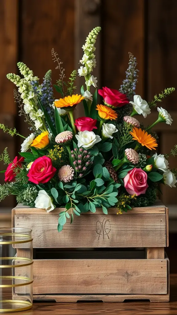 A colorful flower arrangement in a wooden crate centerpiece.