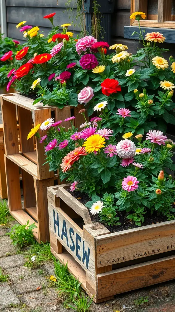 A wooden crate filled with colorful flowers, showcasing a DIY garden bed idea.