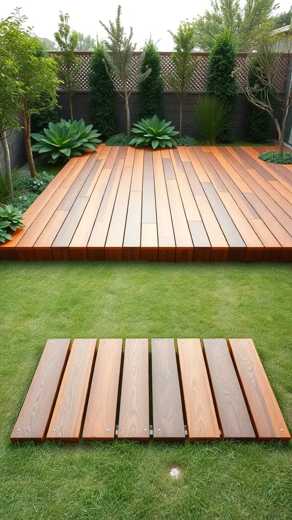21 Creative Grass Patio Ideas for Your Outdoor Space 4 A wooden deck overlay on grass with lush plants surrounding it.