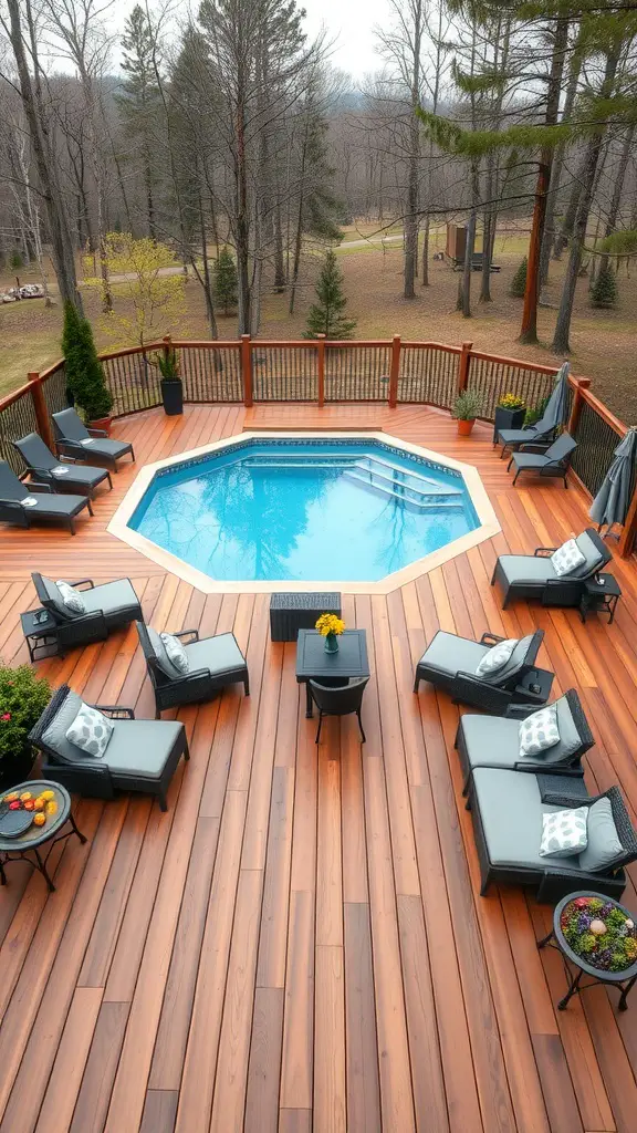 A spacious wooden deck surrounding an octagonal above-ground pool, furnished with lounge chairs and a small table, set in a tranquil outdoor environment.