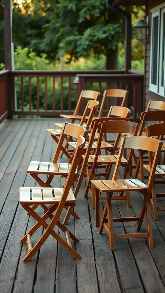 25 Stunning Deck Furniture Ideas for Your Outdoor Oasis 13 A collection of wooden folding chairs on a deck, ready for use.