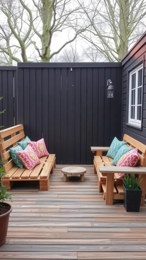 21 Inspiring Small Deck Ideas to Maximize Your Outdoor Space 11 Cozy wooden pallet seating arrangement with colorful cushions on a small deck.
