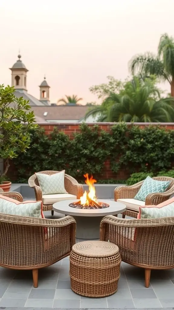 A cozy outdoor seating arrangement around a fire pit with woven sofas and colorful cushions.