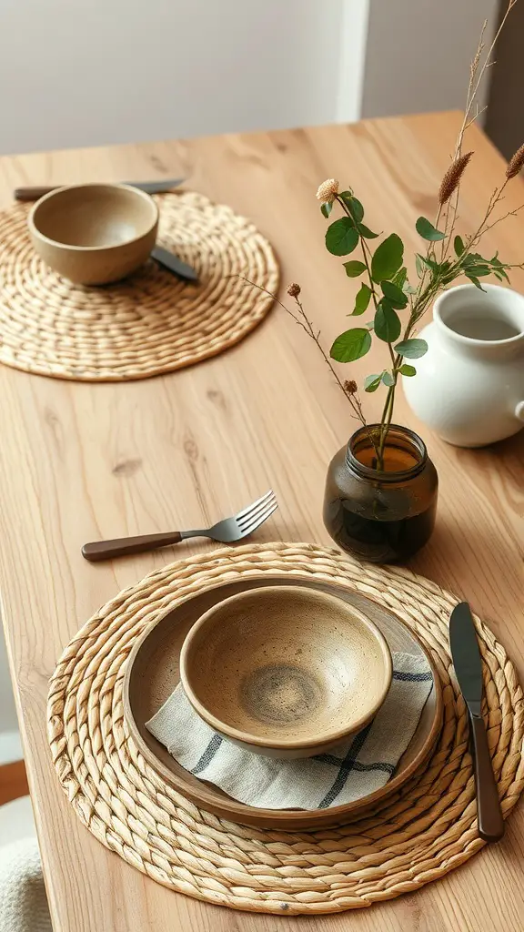 21 Stunning Summer Table Decoration Ideas You'll Love 14 A table setting featuring woven placemats, earthy dishes, and a simple vase with greenery.