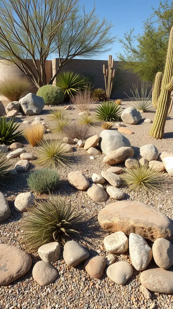 A xeriscaped garden featuring various drought-resistant plants and natural stones.