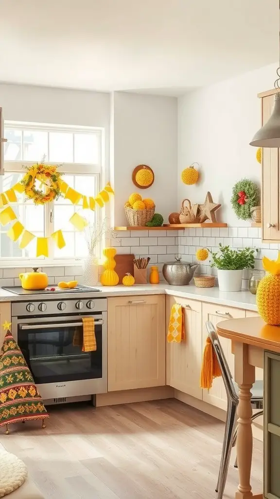 Bright yellow-themed kitchen decor with various yellow accents and greenery