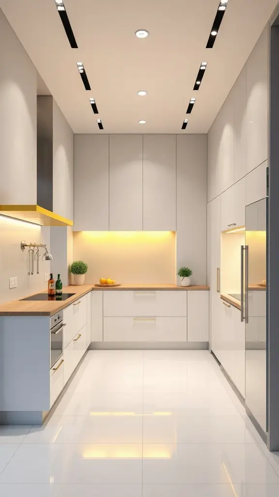 Modern kitchen featuring yellow accents with sleek cabinetry and warm lighting.