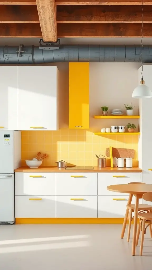 A modern kitchen featuring yellow and white cabinetry with a wooden table and bright accents.