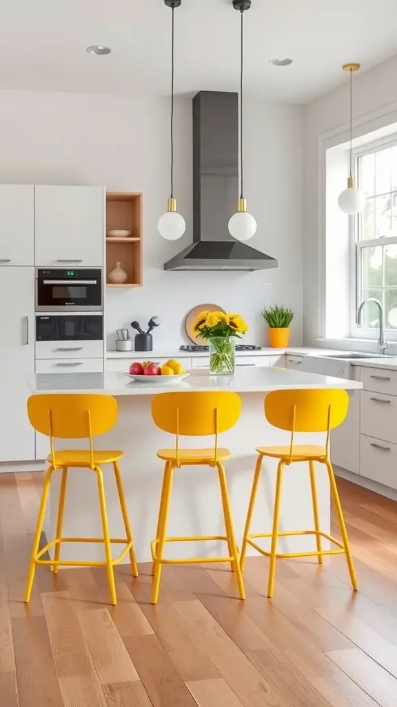 A modern kitchen with yellow bar stools at a white island, featuring wood flooring and bright decor.