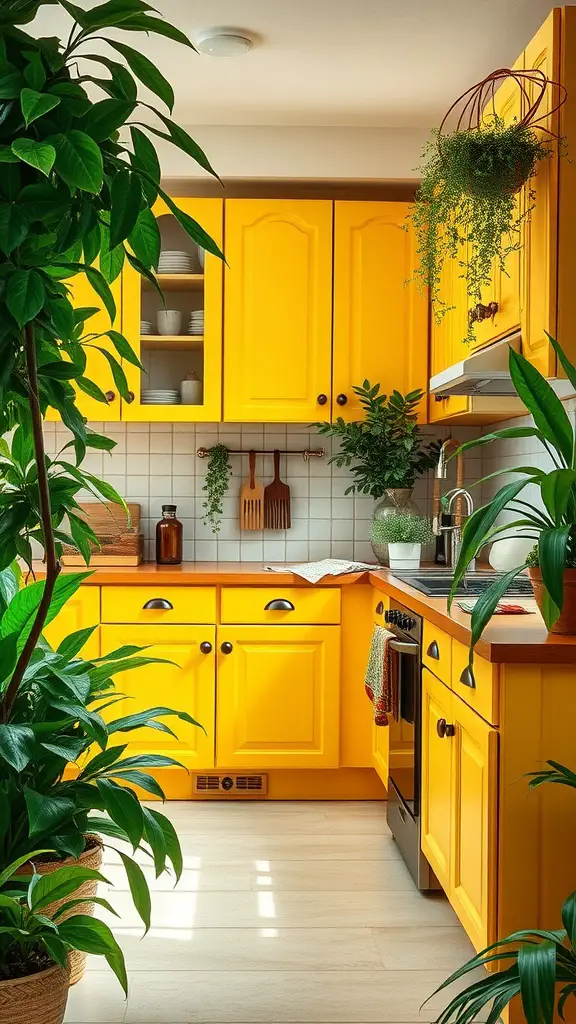 A bright kitchen with yellow cabinets and several green plants, creating a cheerful and lively atmosphere.