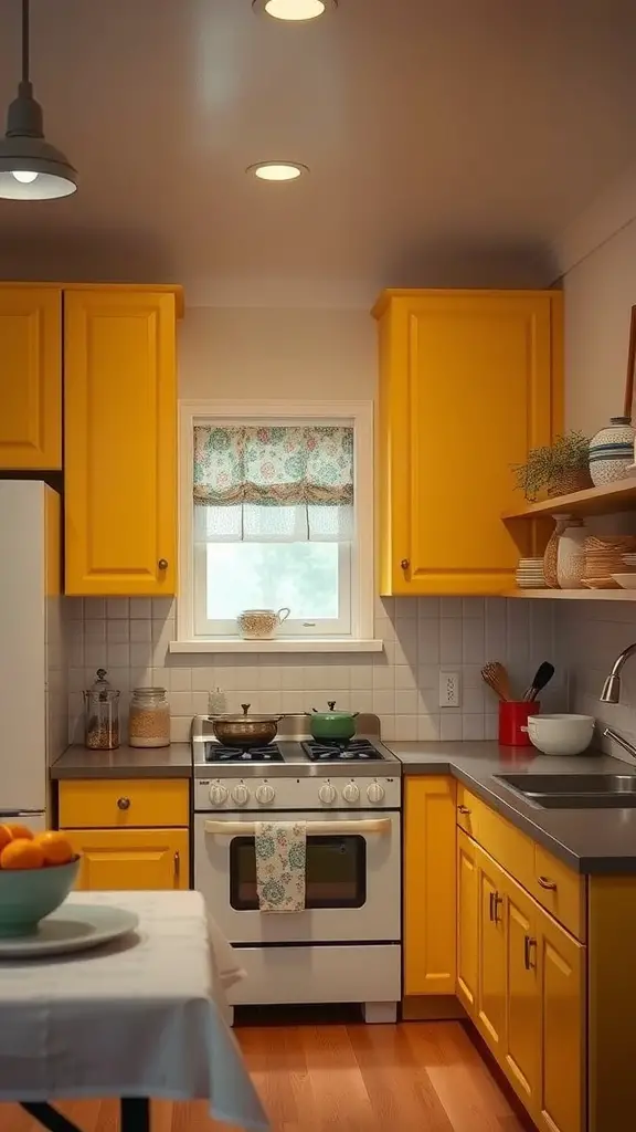 A bright kitchen with yellow cabinets, a white stove, and a cozy atmosphere.