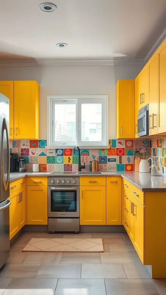 A bright kitchen featuring yellow cabinets and an artistic tiled backsplash with various colorful designs.