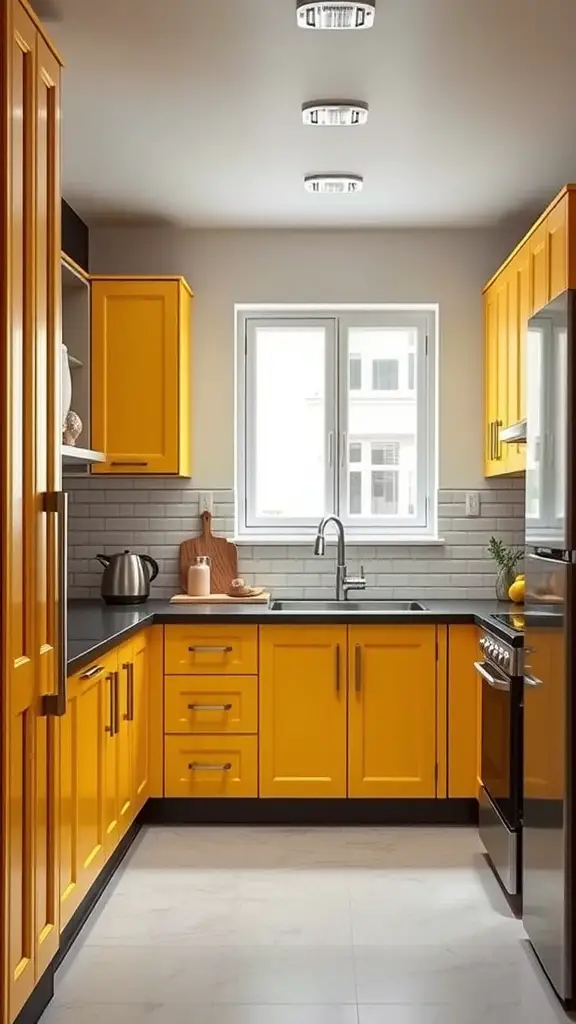 A modern kitchen featuring bright yellow cabinets and a sleek black countertop.