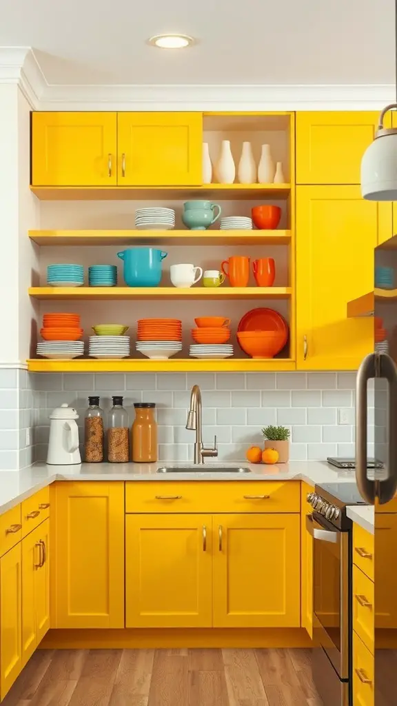 A bright kitchen featuring yellow cabinets and open shelving filled with colorful dishware.