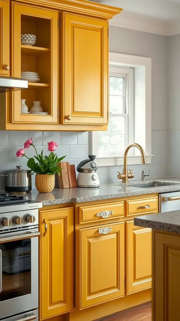 Bright yellow kitchen cabinets with unique hardware and a modern kitchen setup.