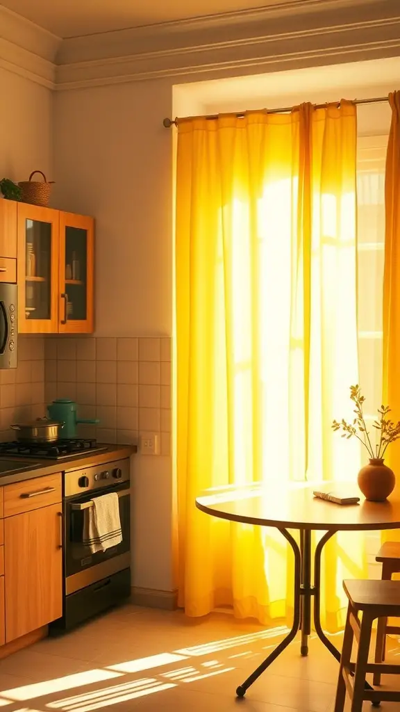 A cozy kitchen with yellow curtains allowing soft light to filter through, highlighting wooden cabinets and a round table.