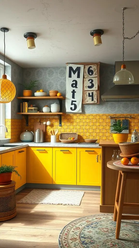 A bright yellow kitchen with wooden elements and textured backsplash, showcasing mixed materials.