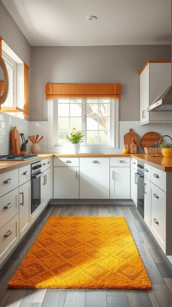 Bright orange rug in a modern kitchen with white cabinetry and gray walls