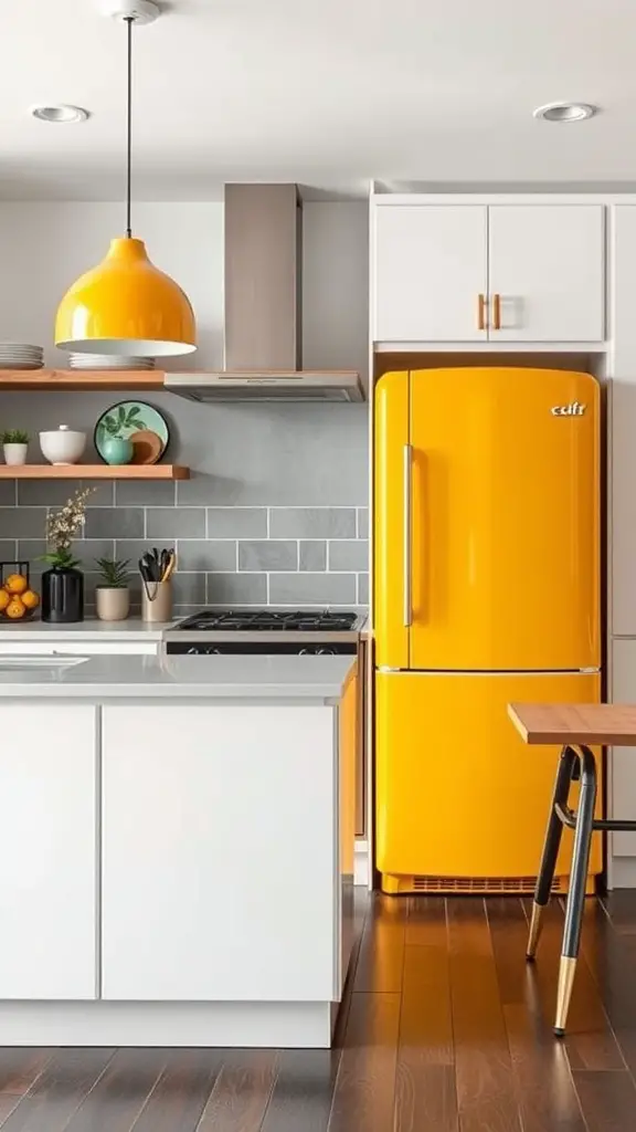 A bright yellow refrigerator and pendant light in a modern kitchen