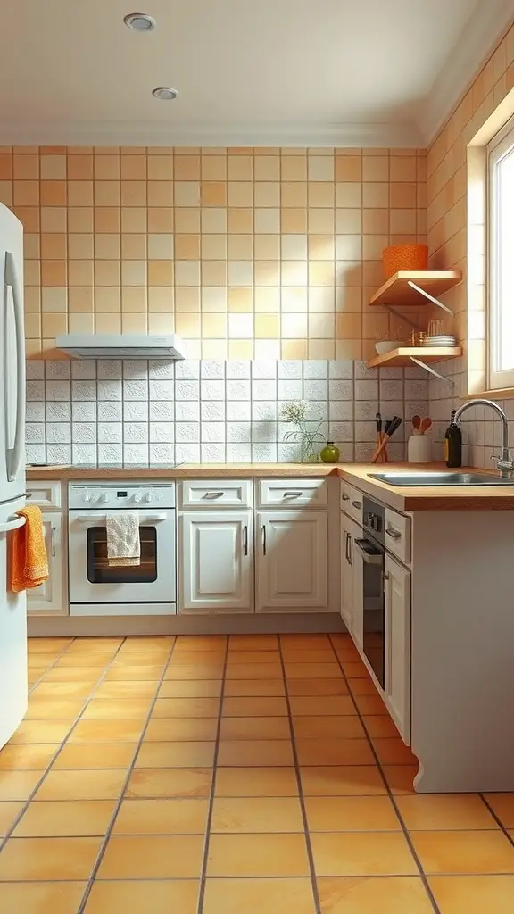 A kitchen with yellow tile flooring and yellow and white tiled walls.