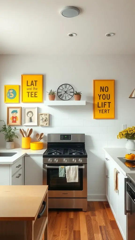 A kitchen showcasing yellow wall art with framed pictures and playful slogans