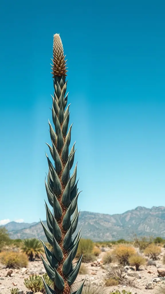 A tall yucca plant in a desert landscape under a clear blue sky.