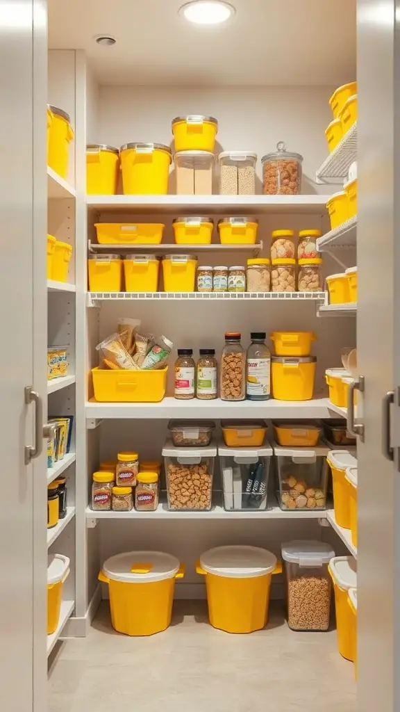 A well-organized yellow pantry with various containers and jars.