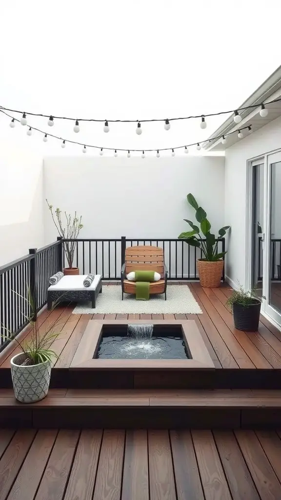 19 Stunning Two-Level Deck Ideas for Your Home 13 A minimalist deck featuring a wooden surface, a small water feature, potted plants, and string lights.