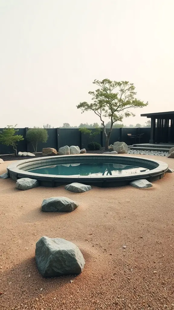 A circular pool surrounded by rocks and sandy area in a Zen garden design