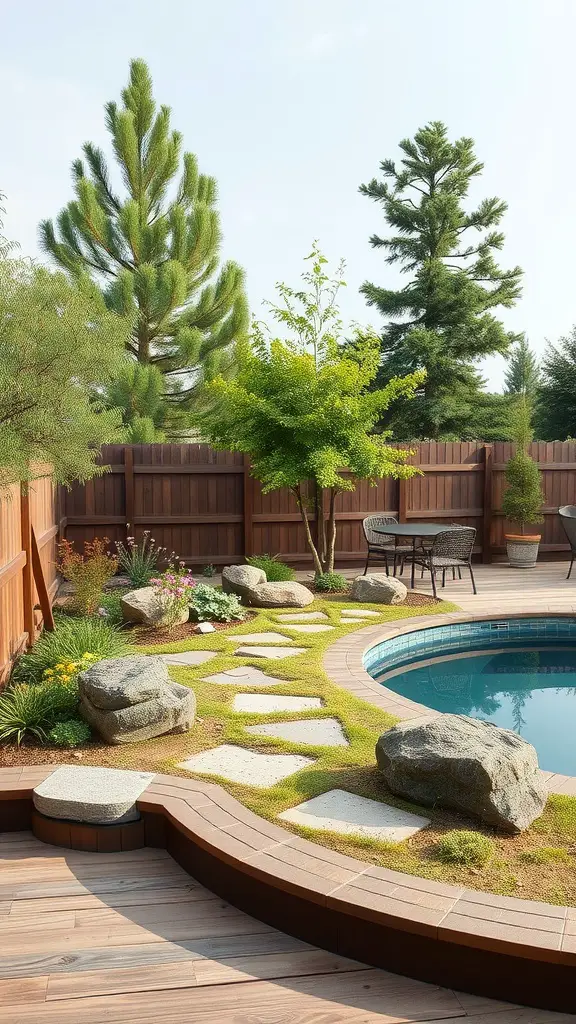 A poolside area featuring stepping stones, greenery, and trees, creating a Zen garden atmosphere.