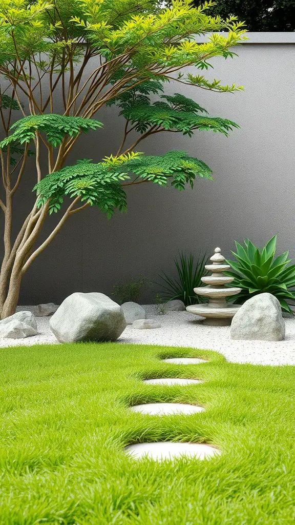 21 Creative Grass Patio Ideas for Your Outdoor Space 11 A serene Zen garden featuring vibrant grass, stepping stones, a tree, rocks, and a stone fountain.