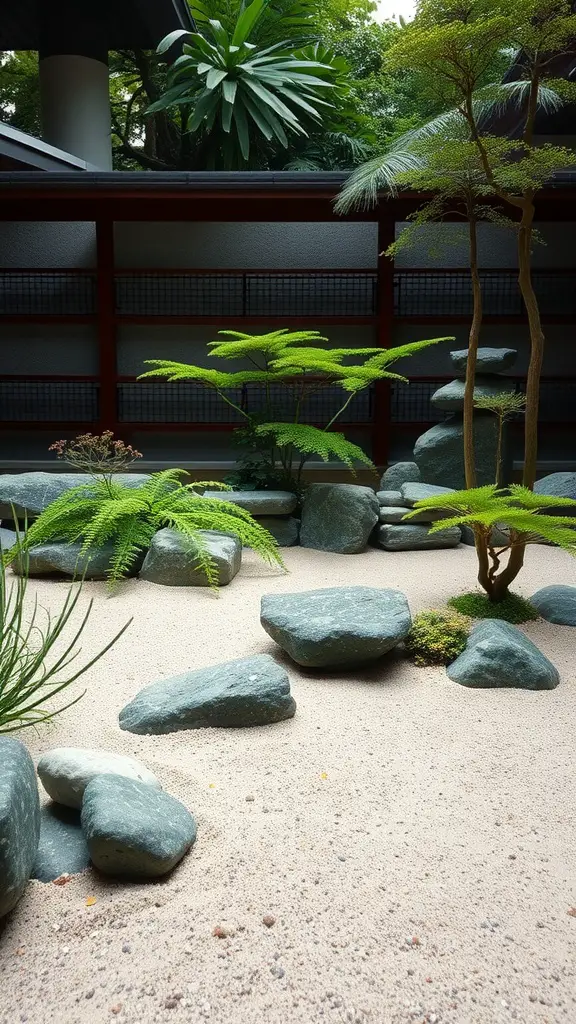 A peaceful Zen garden featuring rocks, gravel, and lush greenery.