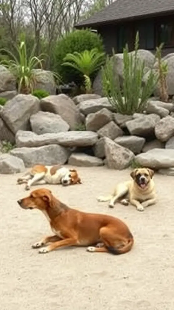 19 Creative Grassless Backyard Ideas for Dogs 11 Dogs relaxing in a Zen garden with rocks and plants