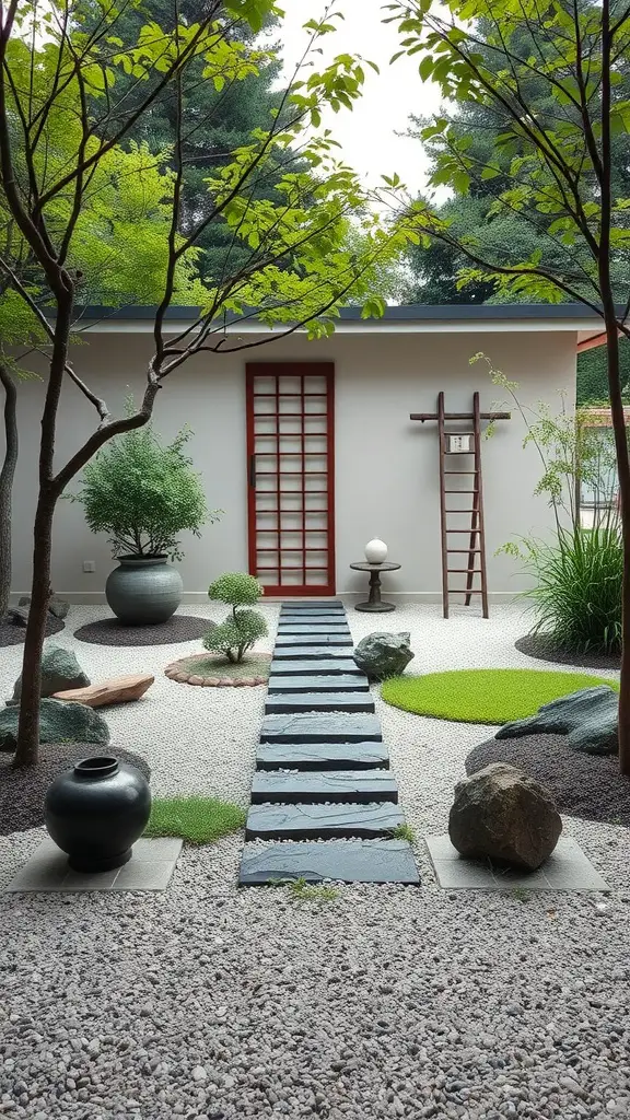 19 Creative Gravel Border Ideas for Your Garden 11 A serene zen garden featuring a stone pathway, gravel borders, lush greenery, and decorative rocks.