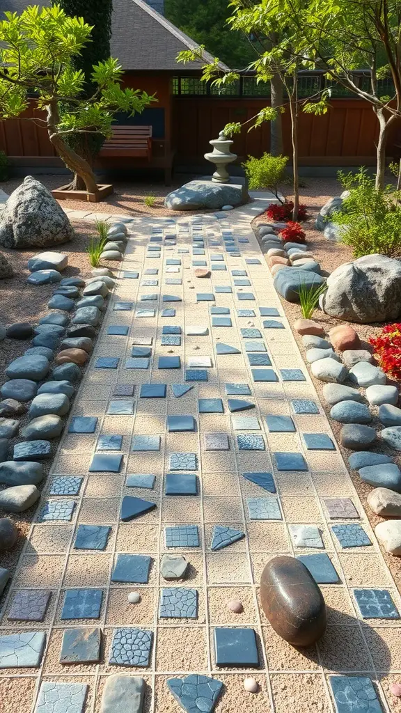 A mosaic pathway in a Zen garden surrounded by greenery and rocks