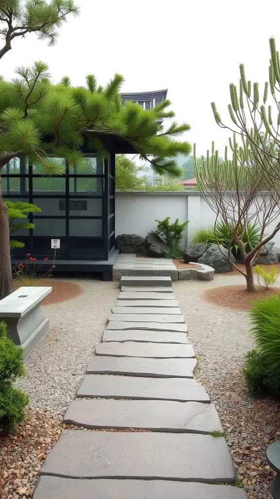 27 Stunning Stone Pathway Ideas for Your Garden Walkways 11 A stone pathway in a Zen garden, surrounded by greenery and modern architecture.