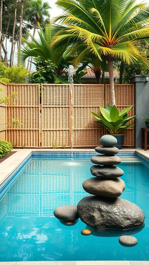 A Zen garden pool surrounded by bamboo fencing, featuring a stack of smooth stones and lush greenery.