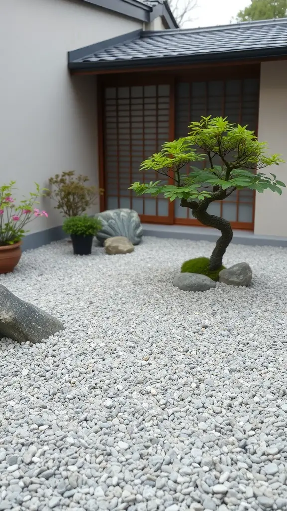 A serene Zen garden featuring raked gravel patterns, small rocks, and a tree.