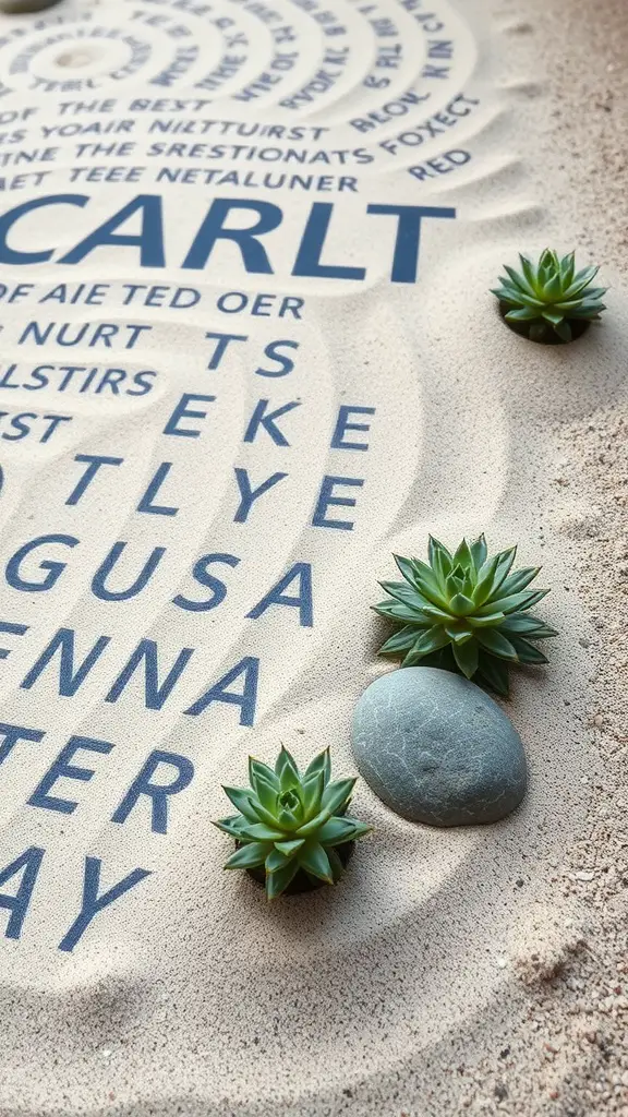 A Zen garden featuring sand patterns and succulents