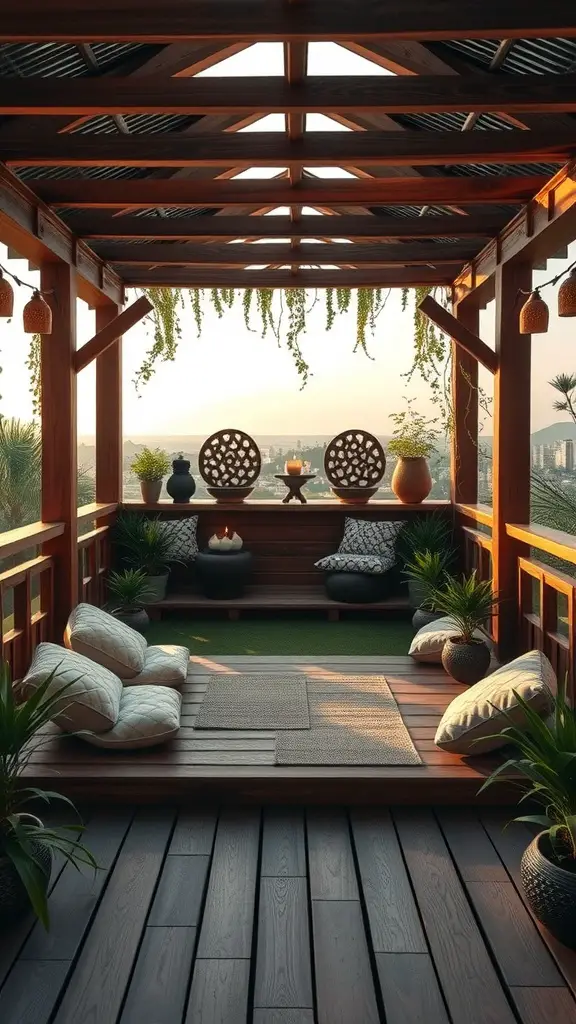 17 Inspiring Multi-Level Deck Ideas for Your Outdoor Space 8 A cozy Zen meditation space on a multi-level deck, surrounded by plants and soft seating.
