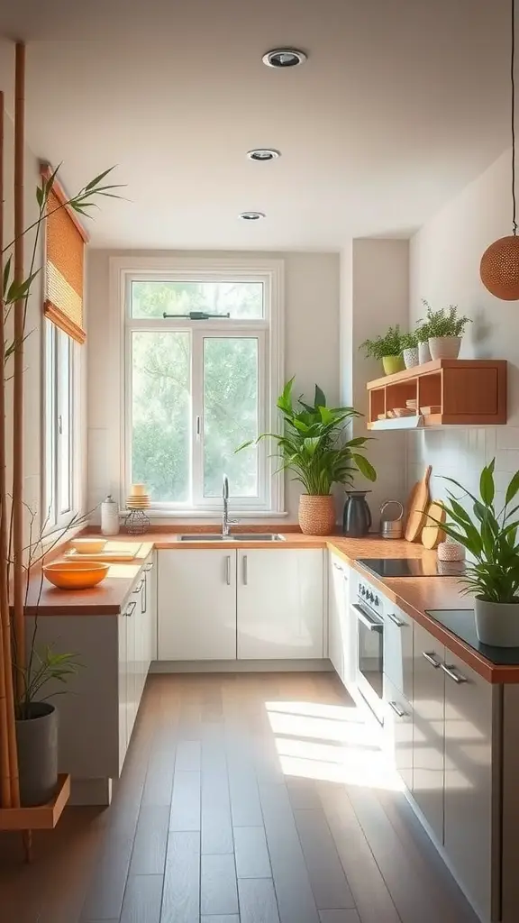 A bright, minimalistic kitchen filled with plants, featuring clean lines and a calm atmosphere.