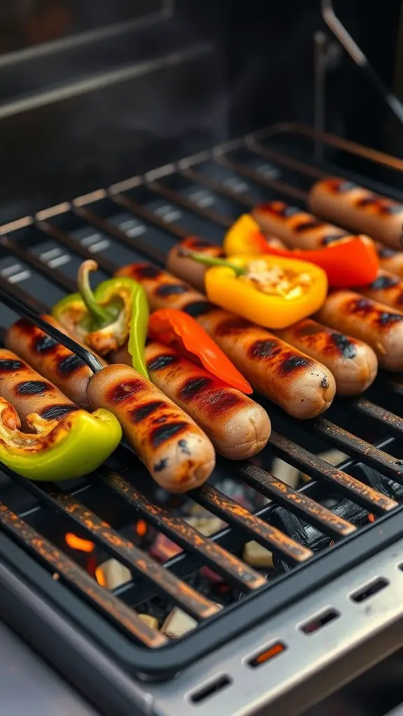 Grilled sausages and assorted peppers on a barbecue grill.