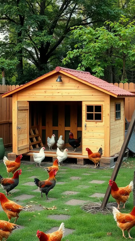 19 Creative Pallet Chicken Coop Ideas You’ll Love 6 A-frame pallet chicken coop with chickens roaming around
