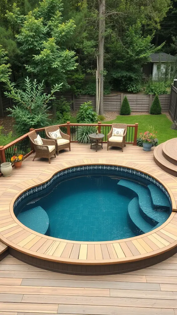 19 Creative Small Pool Design Ideas for Your Backyard 6 A beautifully designed above-ground pool with wooden deck and surrounding greenery.