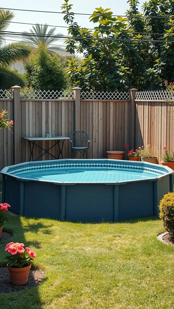 15 Creative Ideas for Small Backyard Pools 9 A round above-ground pool surrounded by greenery and flowers in a backyard.