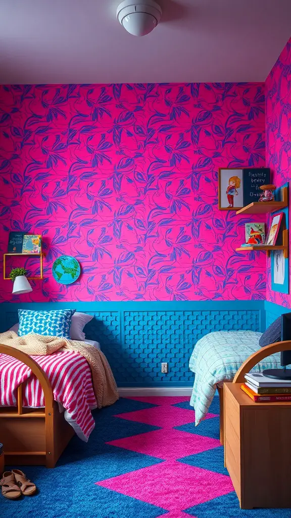 19 Stylish Pink and Blue Dorm Room Ideas to Elevate Your Space 9 Dorm room with pink and blue wallpaper, blue paneling, and patterned carpet.