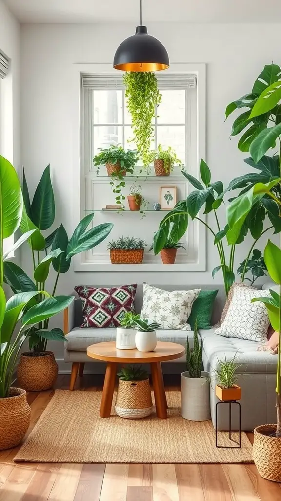 19 Cozy Small Living Room Ideas You’ll Love 14 A cozy small living room filled with various plants, featuring a grey couch with colorful pillows, a round coffee table, and a warm wood floor.