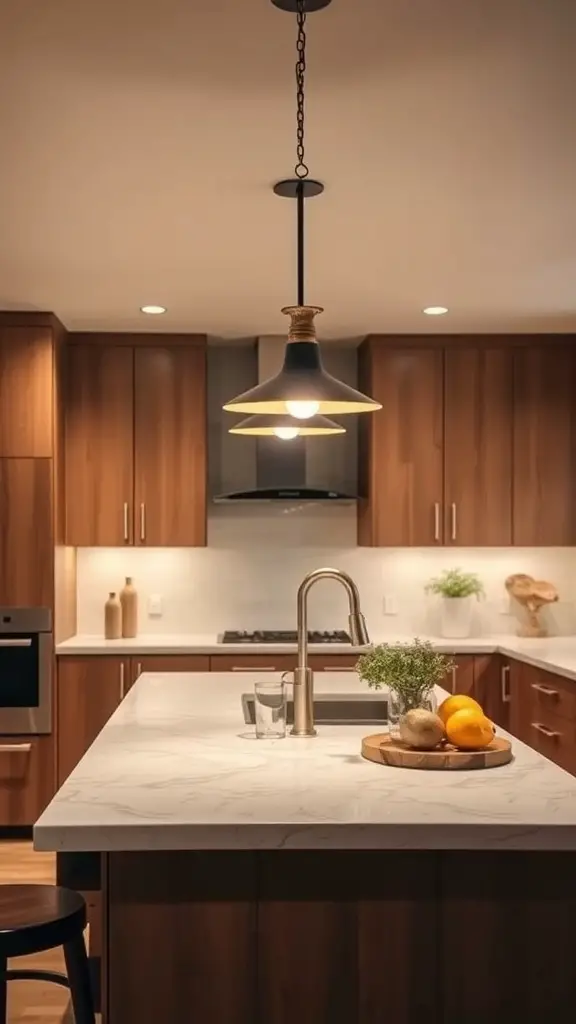 17 Stunning Kitchen Island Pendant Lighting Ideas 13 Adjustable height pendant light over a kitchen island with wooden cabinets