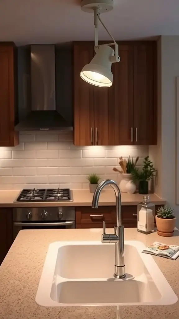 21 Stylish Above Sink Lighting Ideas for Your Kitchen 4 Adjustable track lighting above a kitchen sink, illuminating the countertop and kitchen area.